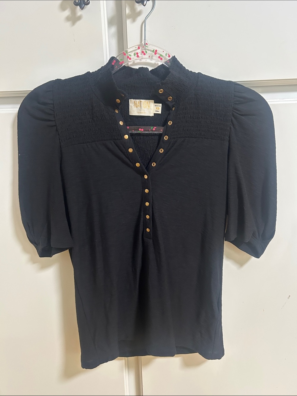 Nation LTD Black Puff Sleeve Smocked Yoke Top with Gold Buttons XS